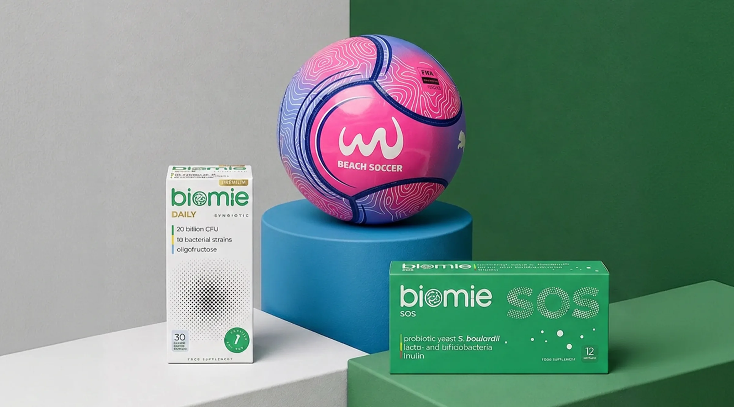Biomie Daily y SOS junto al balón oficial de Beach Soccer